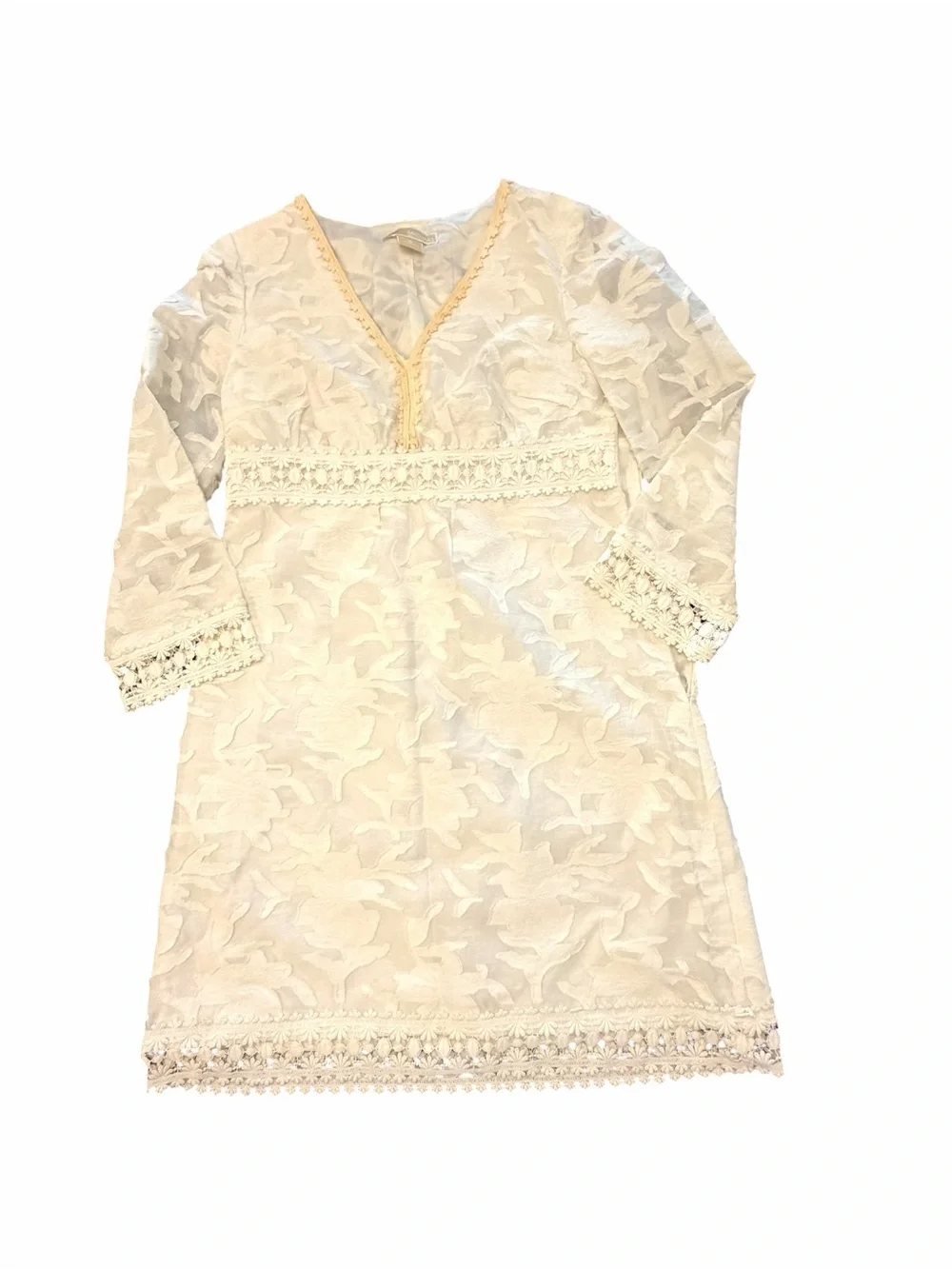 MICHAEL KORS Textured White Boho Lace V Neck 3/4 Sleeve Dress Women’s Size 6